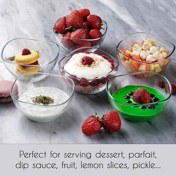 Volarium CRYSTALIA Small Glass Bowls for Kitchen Prep, Modern Round Serving Dishes for Dessert, Salad, Fruit, Pudding, Candy, Cereal, Ice Cream, Stackable Bowls Set of 6 (Medium 7 1/4 oz)