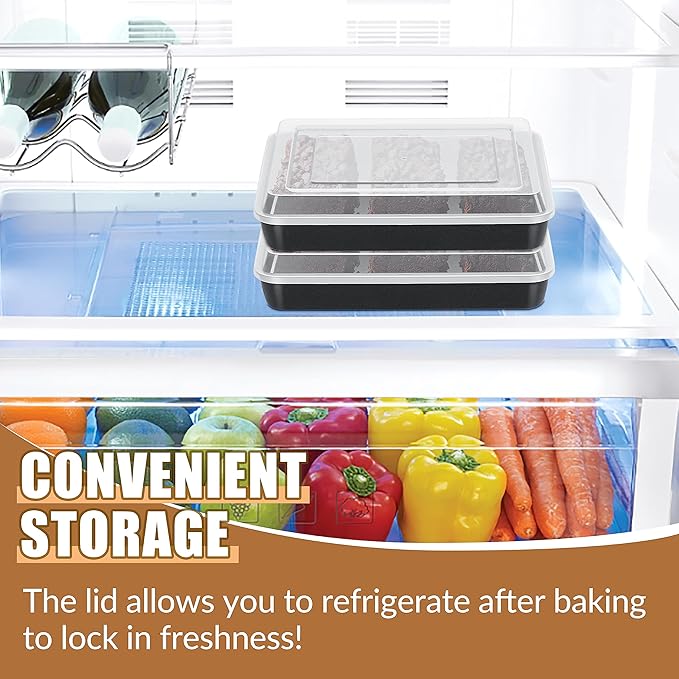 E-far Baking Pan with Lid, 9.4 x 7.3 x 2 Inch Nonstick Rectangle Stainless Steel Cake Pan Sheet for Toaster Oven, Small Black Bakeware for Cakes Brownies Casseroles, Non-toxic & Healthy, Set of 2