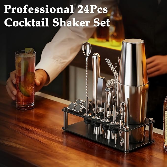 Cocktail Shaker Set Bartender Kit, 24-Piece Boston Stainless Steel Bar Tool Set with Acrylic Stand Bars Set with All Practical Bar Accessories, for Drink Mixing, Bar, Home, Party, Silver