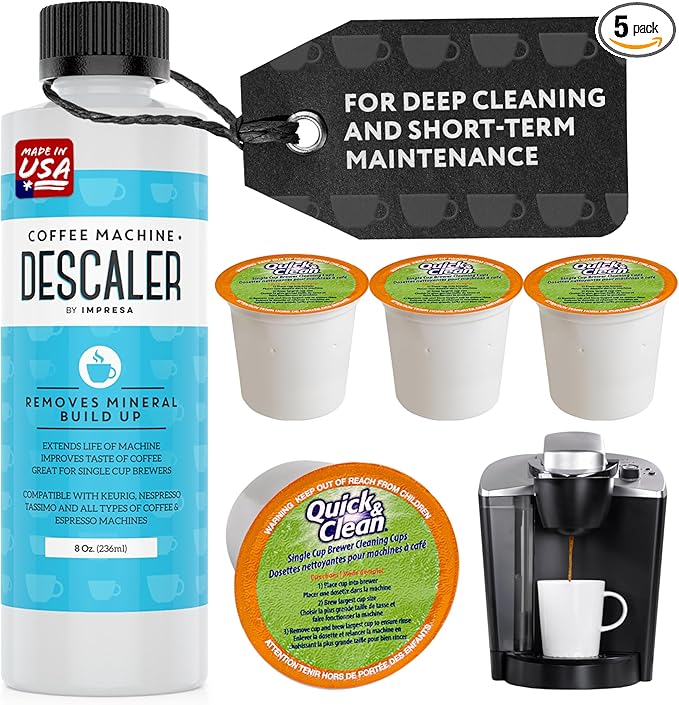 IMPRESA Coffee Machine Descaler & Cleaning Bundle - Compatible with Keurig K-Duo & K-Cup Brewers - 8 Oz Descaling Solution & 4 Maintenance Pods - Coffee Machine Cleaning & Pot Care Kit