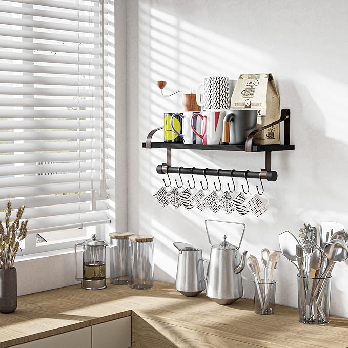 Love-KANKEI Floating Shelf Wall Shelf for Storage Rustic Wood Kitchen Spice Rack with Towel Bar and 8 Removable Hooks for Organize Cooking Utensils or Mugs Black/Brown Brackets