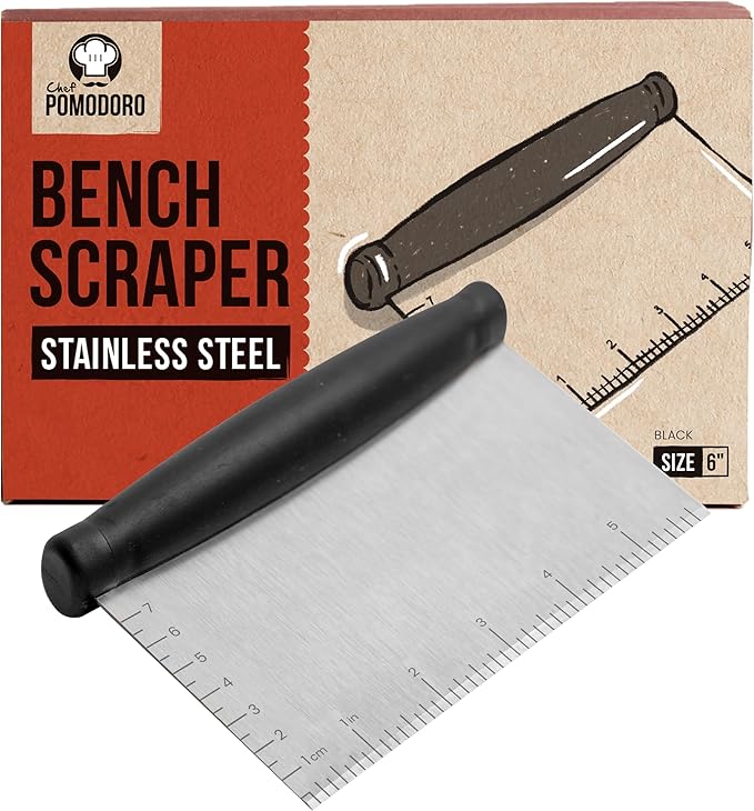 Chef Pomodoro Stainless Steel Bench Scraper 6" for Bread, Pizza and Pastry, Dough Scraper, Kitchen Scraper Tool, Sharp Edge Food Scraper Tool Kitchen, Heavy Duty Bench Knife, Nonslip Pastry Cutter