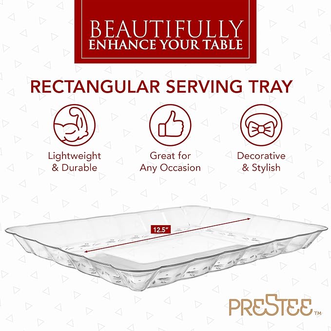 Prestee 24 Plastic Serving Trays 9x13 Inches Rectangular Disposable Serving Trays and Platters for Parties, Clear Plastic Tray for Food, Trays for Serving Food, Party Platters and Trays, 24pk