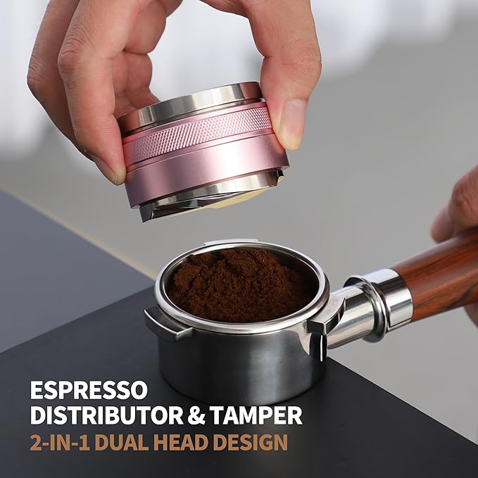 58mm Coffee Distributor and Tamper,Dual Head Coffee Leveler Fits for Gaggia E61 58mm Portafilter,Professional Espresso Hand Tamper.(Light pink)