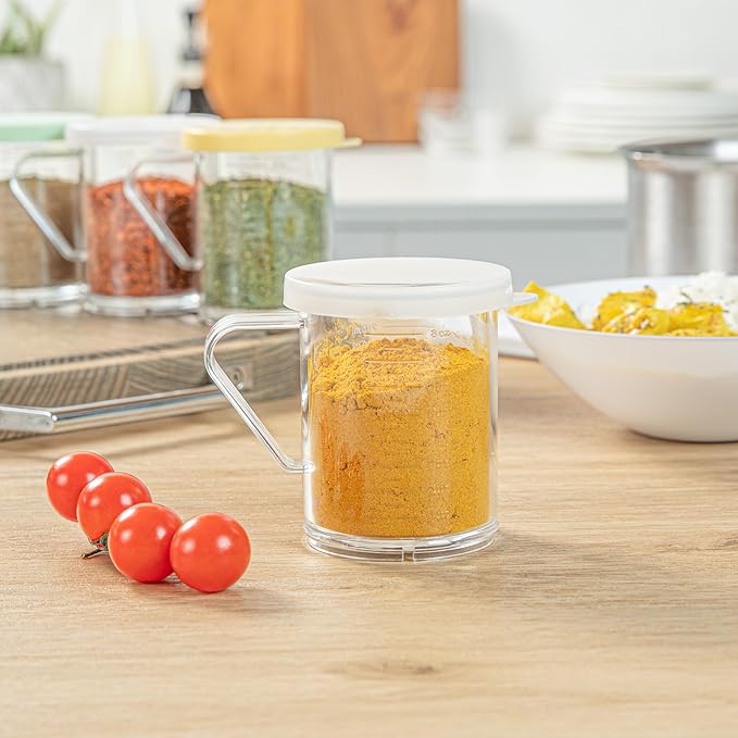 Restaurantware-RW Base 10 Ounce Clear Plastic Dredge Spice Shaker, 1 Reusable Dry Rub Shaker - Includes White Solid Lid, With Handle, Clear Polycarbonate Spice Holder, For Seasonings