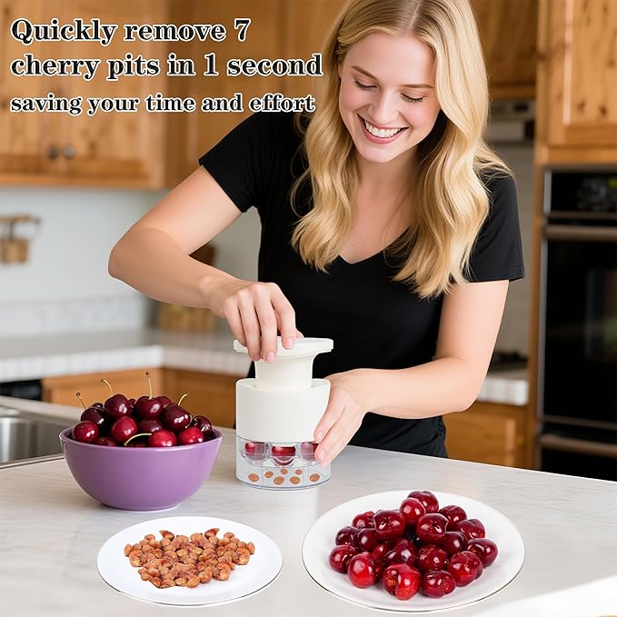 Cherry Pitter, 7-Hole Long Plunger Push Button Cherry Core Remover Tool with Splatter Protector, Quickly Pitting Cherries for Making Jam, Pies (White)