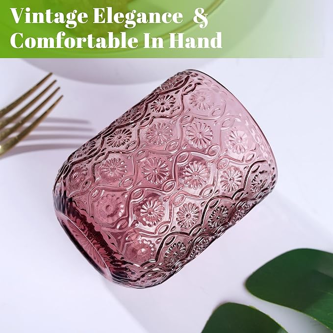 Joeyan Small Drinking Glasses,Vintage Embossed Floral Water Glass Tumbler Cups,Colored Beverages Cocktail Juice Wine Glassware,Multicolor,9 oz,Set of 4,Dishwasher Safe