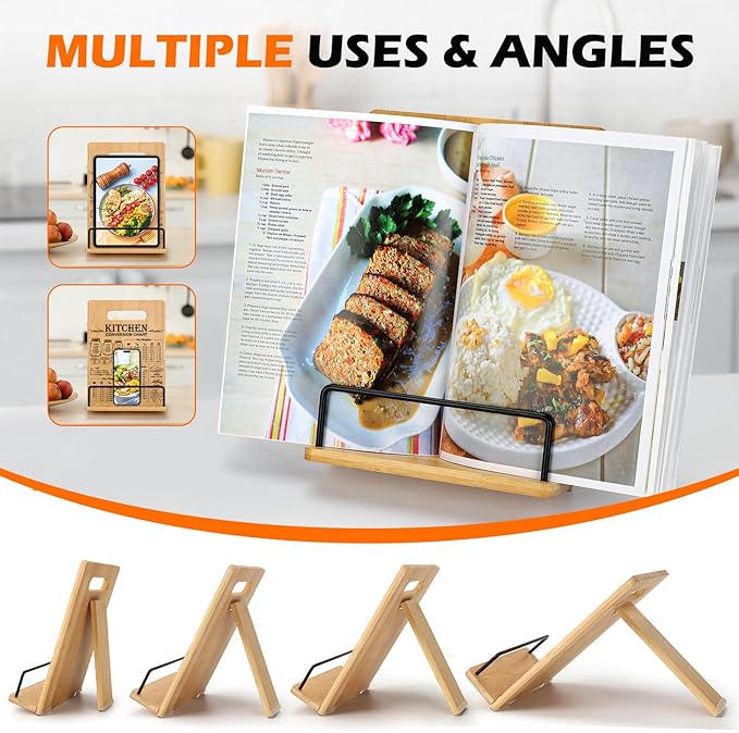 Bamboo Cookbook Stand for Kitchen Counter, Recipe Book Holder with Measurement Conversion Chart, Adjustable Cookbook Holder, Essential Accessories for Holding Cookbooks