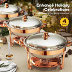 Chafing Dishes for Buffet 4Pack, 5QT Round Stainless Steel Chafing Dish Buffet Set with Safe Roll-Edge, Chafers and Buffet Warmers Sets for Catering, Weddings, Parties, Holiday Celebration (Rose Gold)