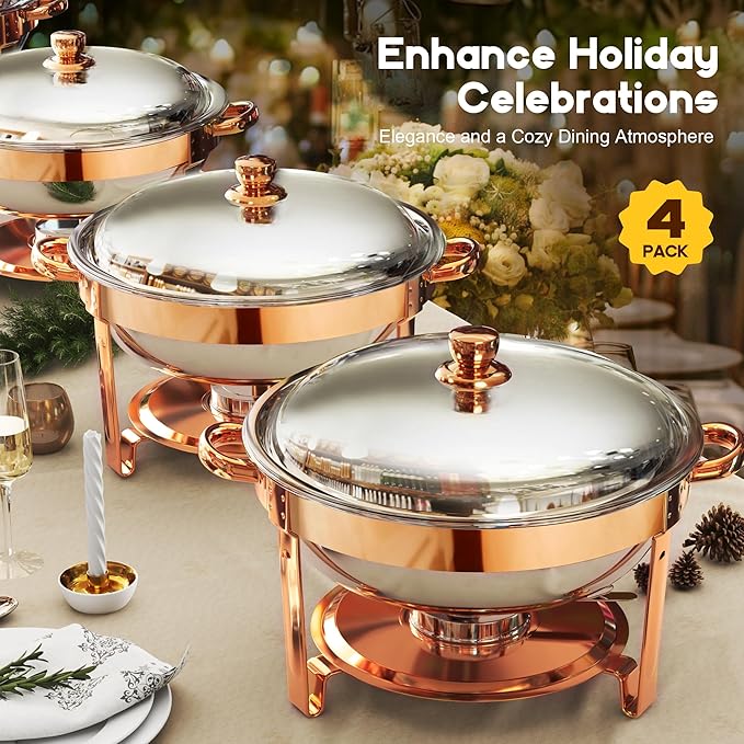 Chafing Dishes for Buffet 4Pack, 5QT Round Stainless Steel Chafing Dish Buffet Set with Safe Roll-Edge, Chafers and Buffet Warmers Sets for Catering, Weddings, Parties, Holiday Celebration (Rose Gold)