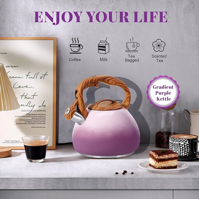 GGC Tea Kettle for Stove Top, 3.1QT/3L Whistling Tea Kettles for Boiling Water Coffee or Milk, Purple Tea Pot with Wood Parttern Handle, Stainless Steel Tea Pot for Home and Kitchen