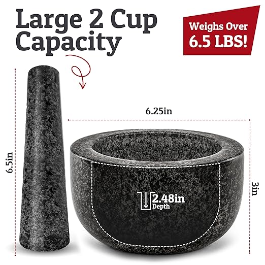 Priority Chef Heavy Duty Large 2 Cup Mortar and Pestle Set,100% Granite, Non Slip Base, Make Fresh Guacamole, Salsa, Pesto, Stone Grinder Bowl, Herb Crusher, Spice Grinder, 6.3 Inch Size, Black