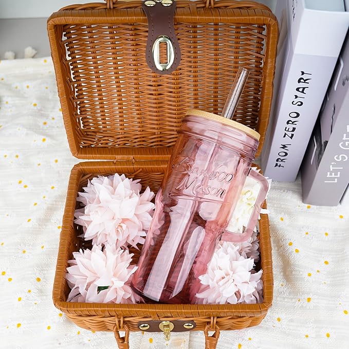 ANOTION Glass Cups with Handle, 24oz Glass Cups with Lids and Straws Travel Coffee Mug Bamboo Mason Jar Iced Cup Smoothie Tea Clear Cute Water Drinking Jars Glasses