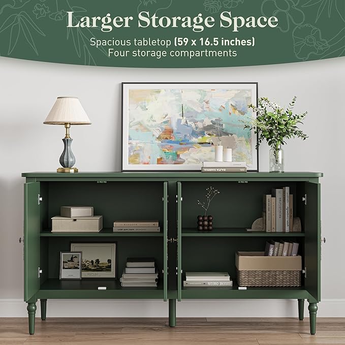 Console Cabinet, 58'' Mid Century Modern Pantry Cabinet, Wood Buffet Cabinet, Media Cabinet with 4 Doors, for Entryway, Living Room, Bedroom, Dining Room (Green)