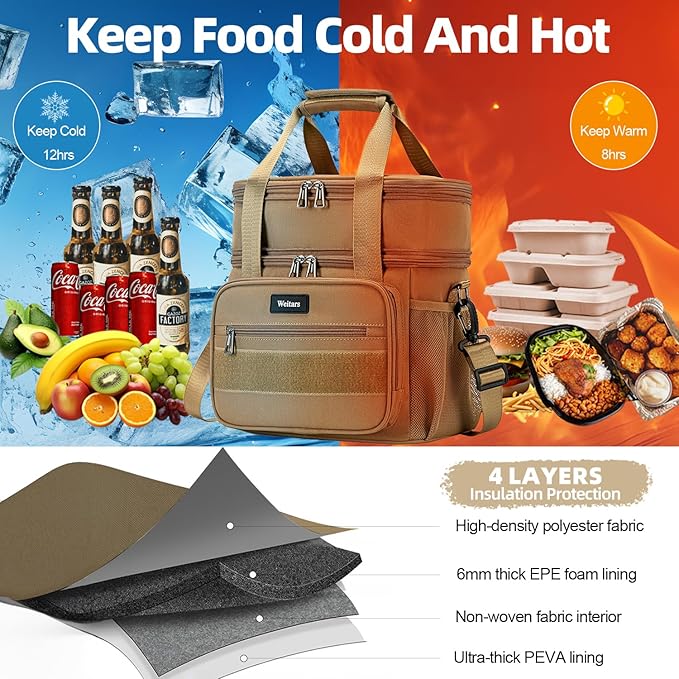 Weitars Lunch Box for Men Women Dual Compartment Lunch Box Heavy Duty Large Insulated Tactical Lunch Bag Durable Cooler Bag With Shoulder Strap for Adults Work Picnic Road Trip