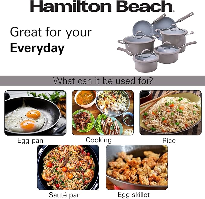 Hamilton Beach Cookware Set, 10-Pieces, Pots, Pans, and Glass Lids, Nonstick PFOA-Free, PTFE-Free Ceramic Interior, Heavy-Duty Aluminum Construction, Modern Matte Gray, Professional Tapered Shape