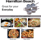 Hamilton Beach Cookware Set, 10-Pieces, Pots, Pans, and Glass Lids, Nonstick PFOA-Free, PTFE-Free Ceramic Interior, Heavy-Duty Aluminum Construction, Modern Matte Gray, Professional Tapered Shape