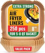 250 pcs Air Fryer Liners, Disposable Airfryer Paper Liners – Non-Stick and Oil Proof for Easy Cleanup, Great for Oven, Pans & Baking – 8” Square for 5-8 qt Basket by Baker's Signature
