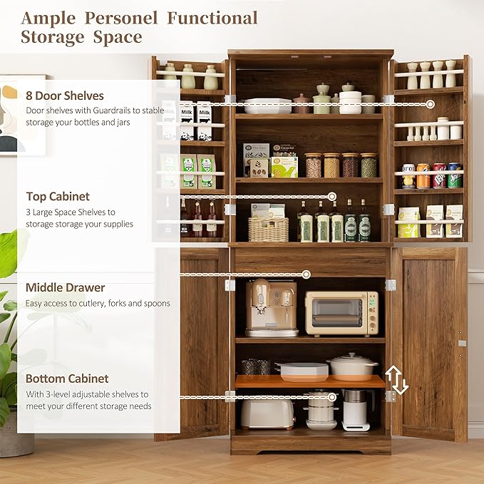 Shintenchi Kitchen Pantry Cabinet, Freestanding Farmhouse Storage Cabinet with 8 Door Shelves, 2 Cabinets and 1 Drawer, Tall Cupboard for Kitchen, Living Room, Dining Room and Bathroom, Rustic Brown