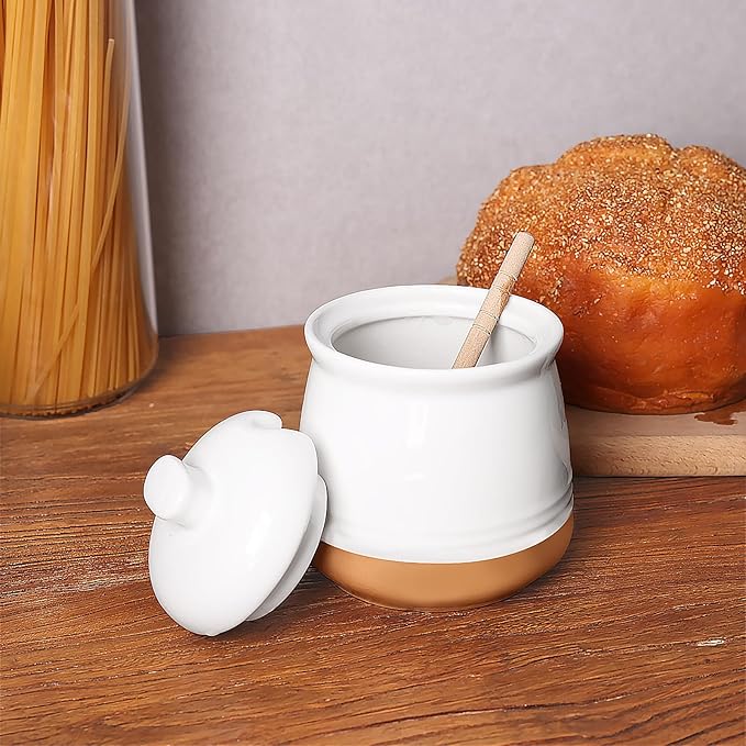 LEETOYI Honey jar with Lid and Wooden Dipper, 12 oz Ceramic Honey Container Dispenser for Home, Microwave & Dishwasher Safe, White