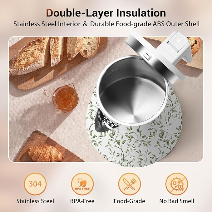 1.2L Double Wall Stainless Steel Interior Water Boiler, Cordless, 1000W Fast Boil with LED Light Coffee Pot & Tea Electric Kettle, Auto Shut-Off and Boil-Dry Protection (Green Vines)