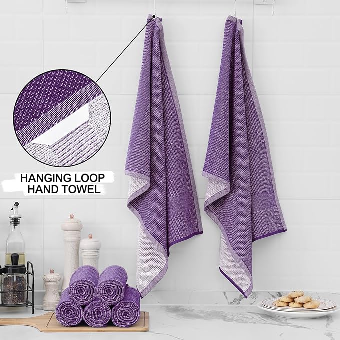 Homaxy Premium Kitchen Towels(18”x 28”, 6 Pack), Large Cotton Kitchen Hand Towels, Flat and Terry Dish Towels, 380 GSM Highly Absorbent Tea Towel Set with Hanging Loop, Purple