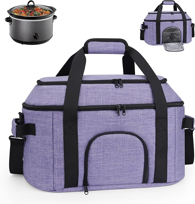 Double-Layer Slow Cooker Carrying Bag for 6-8 Quart CrockPot and Hamlton Beach,Portable Carrier Case with See-Through Window,Travel Bag with Lid Fastener for Family Gathering,Purple
