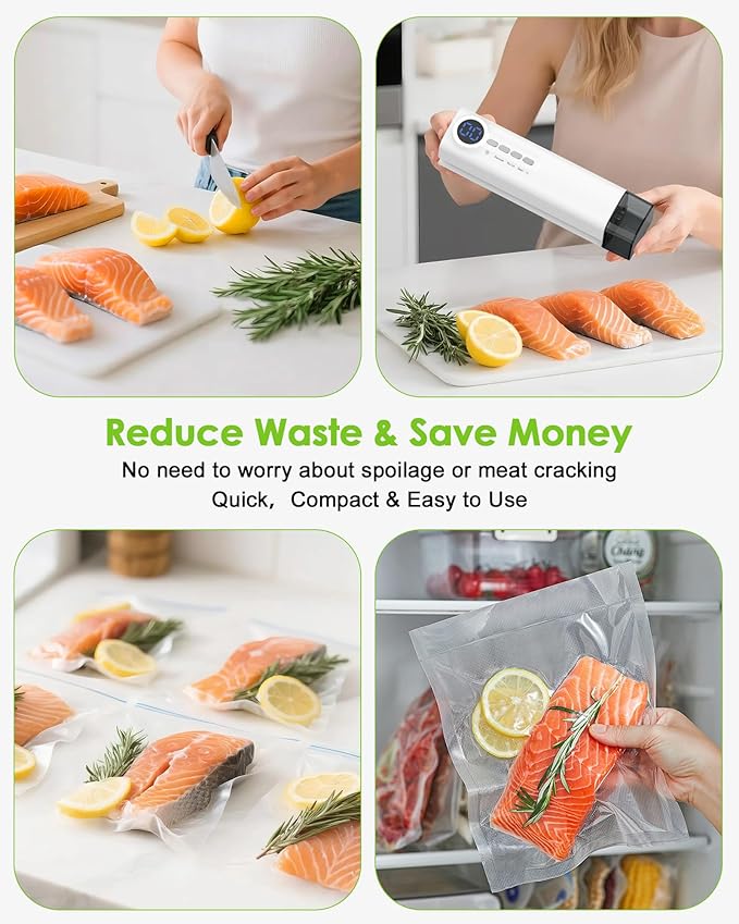 Small Magnetic Vacuum Sealer for Food, 62 Kpa Strong Suction, 3-in-1 Cordless Rechargeable Food Sealer with 1 Vacuum Bag & 4 Snack Bags, Heat Sealer, Inflation Pump for Balls/Swim Ring - White