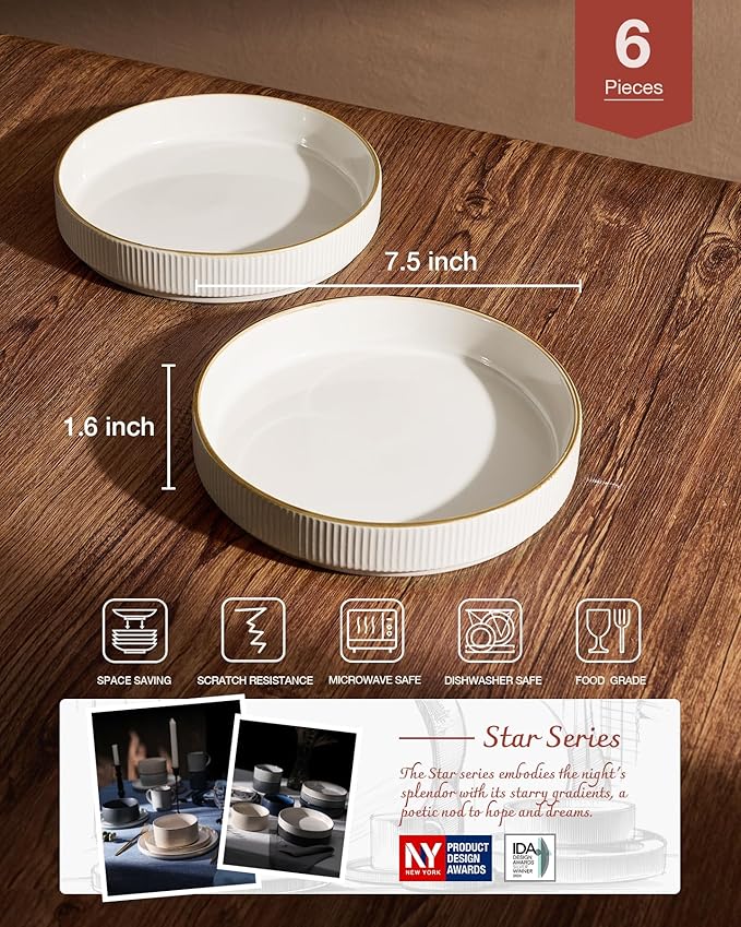 famiware Star 7.5" Pasta Bowls Set, Salad Bowl Set of 6, Double Reactive Glaze, Stackable, Perfect for Your Friend for Housewarming, Thanksgiving, Christmas, White