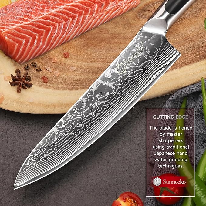Sunnecko Damascus Kitchen Knife Set - Sharp Kitchen Knife Set of 7pcs with Japanese Damascus Steel VG10 - Professional Kitchen Knife Block Set with Full-tang Stainless Steel Handle