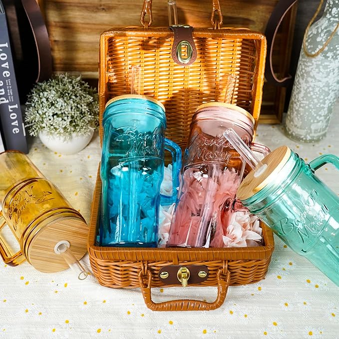ANOTION Colored Glass Cups with Handle Set of 4, 24oz Glass Cups with Lids and Straws Travel Coffee Mug Bamboo Mason Jar Iced Cup Smoothie Tea Clear Cute Water Drinking Jars Glasses