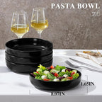 E-far Pasta Bowls Set of 4-35oz Ceramic Large Serving Salad Bowls, Wide & Shallow Stoneware Pasta Plates for Salad, Soup, Dinner| Dishwasher & Microwave Safe | Matte Black