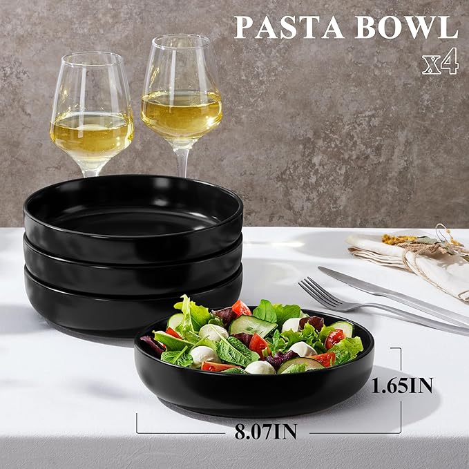 E-far Pasta Bowls Set of 4-35oz Ceramic Large Serving Salad Bowls, Wide & Shallow Stoneware Pasta Plates for Salad, Soup, Dinner| Dishwasher & Microwave Safe | Matte Black