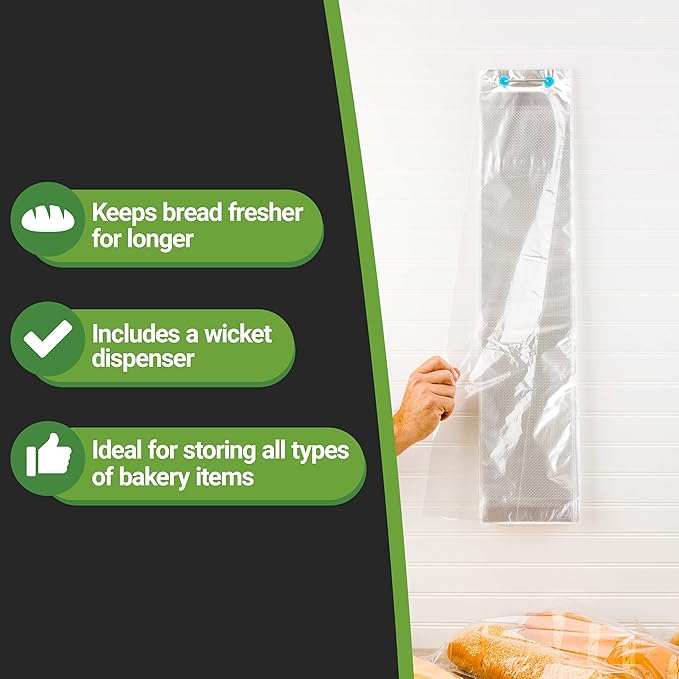 Restaurantware Bag Tek 28 Inch x 6 Inch Bread Bags 250 With Wicket Dispenser Bread Loaf Bags - Micro Perforated Freezer Safe Clear Plastic Baguette Bags Disposable