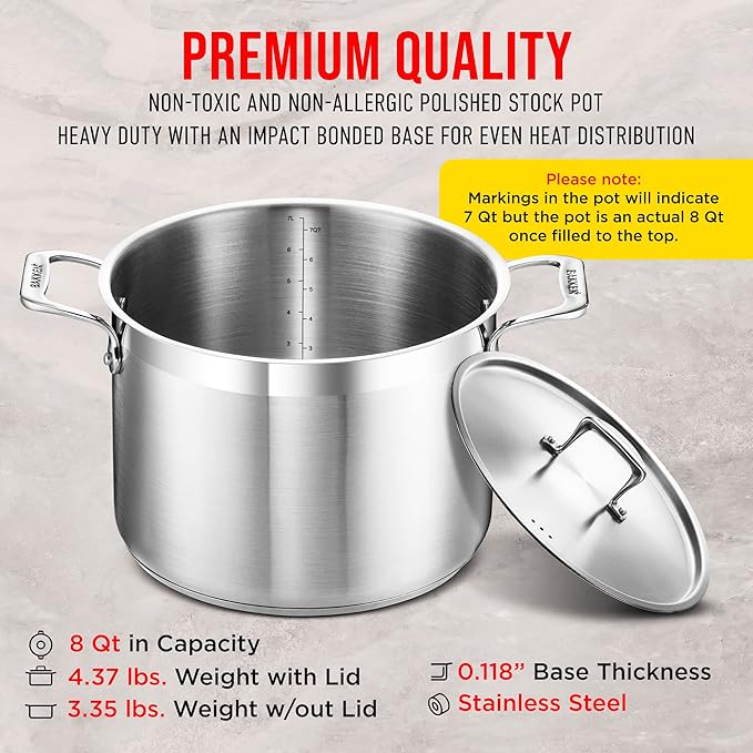 Stainless Steel Stockpot with Lid 8 Quart, Durable 18/8 Stainless Steel, Impact-Bonded Base for Even Heating, Riveted Handles, Oven & All Stove Compatible, Safe Up To 500°F (260°C)