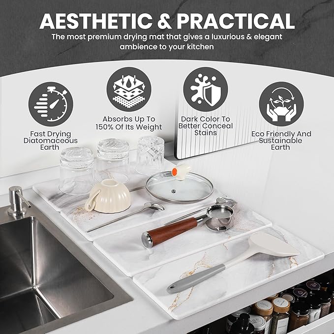 Dusk & Decor Folding Stone Dish Drying Mat – Quick-Drying Diatomaceous Earth Kitchen Mat for Counter – Foldable, Non-Slip Diatomite Sink Tray for Dishes and Utensils - White