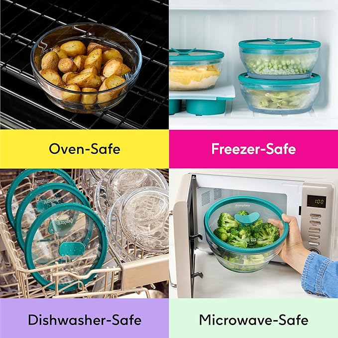 Anyday 2-Pack (4-Cup Shallow) Glass Food Storage with Glass Lids | Plastic-Free Meal Prep & Microwave Cookware | Stackable Airtight Storage Container with Vented Lid for Microwave-Safe Reheating