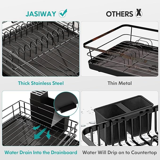 Black Stainless Steel Dish Drainers Drying Rack for Kitchen Counter with Drainboard Set, Rust Proof Metal, Space Saving, Modern Aesthetic, Compact Plates Strainers with Extra Mat