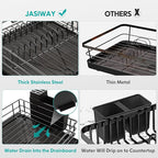 Black Stainless Steel Dish Drainers Drying Rack for Kitchen Counter with Drainboard Set, Rust Proof Metal, Space Saving, Modern Aesthetic, Compact Plates Strainers with Extra Mat