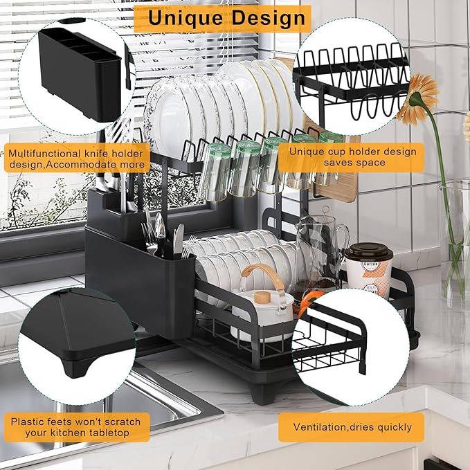 2 Tier Metal Dish Drying Rack Without Installation Sturdy Dish Racks for Kitchen Counter with Drain Board Multifunctional Storage and Drainage Apartment Essentials Medium Size