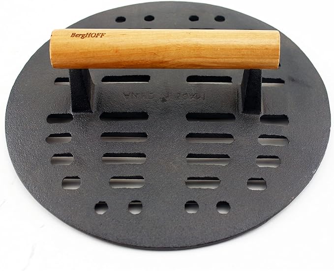 BergHOFF 5Pc Neo Enameled Cast Iron Cookware Set, 3qt. Dutch Oven, Fry Pan 11", Grill Pan 10", Black Slotted Steak Press, Matching Lid,Oven Safe Up To 400°F, Blue