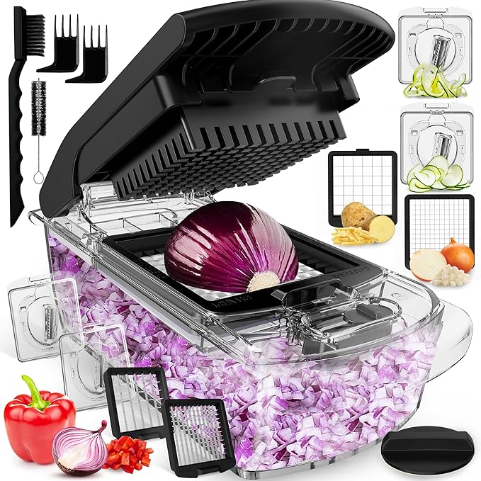 Fullstar The Original Pro Chopper - Vegetable Chopper and Spiralizer, Food Chopper with Container, Fruit Slicer, Kitchen Gadgets & Accessories, Home Essentials (4 in 1, Clear)