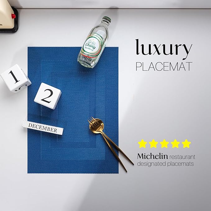 LEXMORE Placemats Set of 4 Vinyl/Plastic Woven Place Mats for Kitchen Table Indoor/Outdoor Washable Placemat Wipeable Dining Table Mats(Navy Cube)