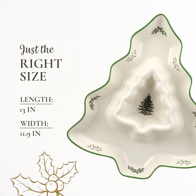 Spode Christmas Tree Chip and Dip Tree-Shaped Dish - 13-Inch Porcelain Holiday Serveware for Appetizers, Chips - Festive Ceramic Tableware - Dishwasher, Microwave, Freezer Safe