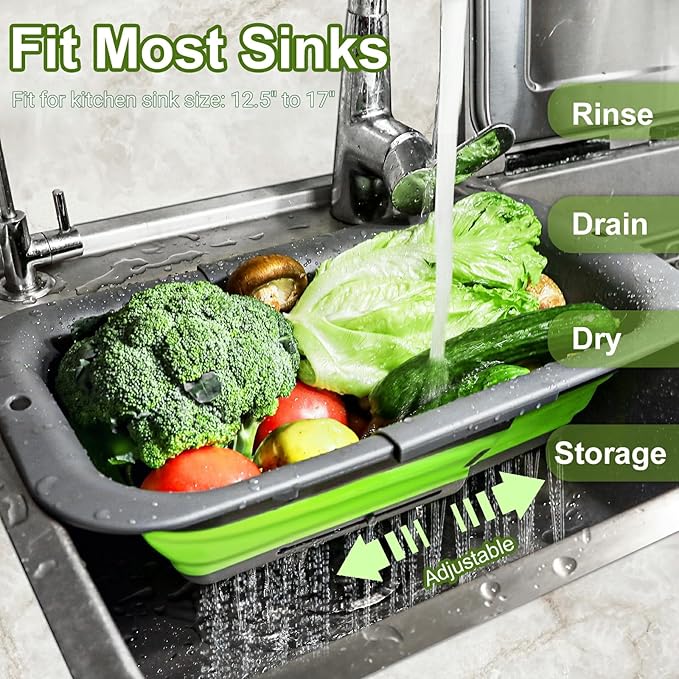 ROTTOGOON 7Qt Collapsible Colander Strainer, Expandable Over the Sink Colander, Adjustable Silicone Kitchen Sink Strainer, Foldable Large Colanders Basket to Wash Vegetable, Fruit, 15" to 19.8", Green