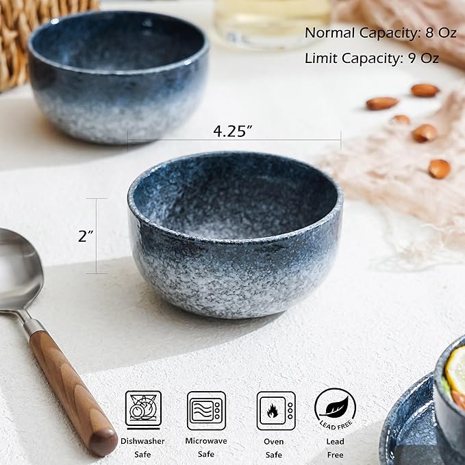 S&Q'S CERAMICS Ceramic Small Bowls for Kitchen, Set of 6, 9 ounce Ice Cream Bowls, Soup, Dipping, Side Dishes, Condiments, Snack, Prep, Microwave and Dishwasher Safe (Dark Blue)