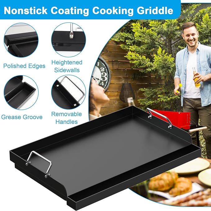 25" x 16.5" Nonstick Carbon Steel Griddle for Gas/Electric/Charcoal Grills, Universal Flat Top Griddle for Weber Charbroil Camp Chef, Griddle Plate with Grease Groove for Parties, Camping, Tailgating