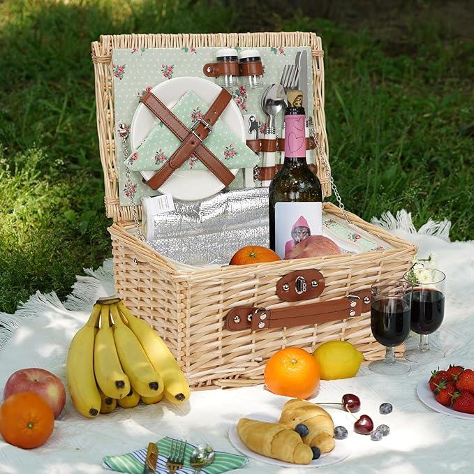 ZORMY Wicker Picnic Basket for 2 Person, Willow Hamper Basket Sets with Insulated Compartment, Handmade 2 Person Picnic Basket for Camping - Flower