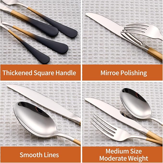 20 Piece Black Gold and Silver 18/0 Flatware Utensil Set for 4, Include Dinner Knife,Dinner Forks,Dinner Spoons,Salad Forks,Teaspoons,Silverware Set for 4, Dishwasher Safe