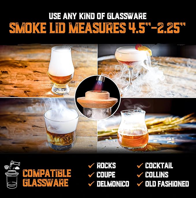 Whiskey Smoker Kit with Torch & 8 Flavors Wood Chips - Old Fashioned Smoker Kit - Bourbon Gifts for Men, Cocktail Smoker kit - USA Oak Smoke Lid (No Butane)